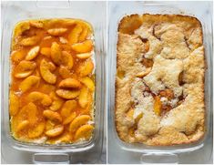 two dishes filled with different types of food in plastic containers and one has peaches on top