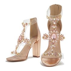 Elevate your style with FSJ Rose Gold Rhinestone Sandals. You are featuring an open-toe, T-strap design, and clear heels adorned with sparkling rhinestones for a glamorous and chic look. Color: Rose gold Heel Type: Block heel Heel Height: 4.72" / 120 mm approx Product measurements were taken using size 8. Please note that measurements may vary by size. Toe: Open toe Rhinestone embellishment Sexy transparent T-strap design Handcrafted US sizing. Fits true to size. Strap High Heels, Rose Gold Heels, Cowboy Shoes, Dance Heels, Homecoming Outfits, Block Sandals, Embellished Heels, Large Stone, Rhinestone Sandals