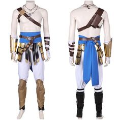 two men's costumes, one in white and the other in blue with gold accents