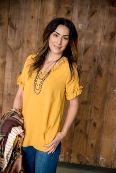 BB-6853 Clothes Closet, V Neck Blouse, Boutique Shop, Shirt Shop, Ruffles, Mustard, Shirts Tops, V Neck, Boutique