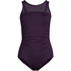 When packing for your next vacation, reach for a swimsuit that gives you confidence, coverage and plenty of glamour. Meet our mesh one-piece. In a high-neck style that gives you coverage where you want it most, this stylish new suit also features an eye-catching mesh detail. And thanks to the tummy-targeted smoothing control, you’ll feel confident and comfortable all day long. Sleeveless Nylon Leotard For Swimming, Sporty Polyamide Swimwear For Swimming, Fitted Purple Nylon Swimwear, Sporty Fitted Mesh Swimwear, Purple Nylon Swimwear For Summer, Purple Stretch Nylon Swimwear, Purple Nylon Swimwear For Beach Season, Purple Nylon Swimwear For The Pool, Purple Nylon Swimwear For Poolside