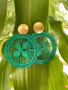 "Iraca Palm Earrings -  Handwoven with GoldWash Cluster Back  3\" long - Iraca straw earrings  Raffia earrings  Iraca palm earrings  - ⭐️Shipping: DHL : * USA, Central & North America: 2-3 Business Days   * Rest of The World: 4-6 Business Days  - These earrings are 100% Handmade using iraca Palm" Artisan Earrings For Summer Beach, Fair Trade Green Jewelry For The Beach, Artisan Handwoven Earrings For Summer, Summer Artisan Handwoven Earrings, Summer Beach Macrame Earrings, Bohemian Green Circular Earrings, Green Bohemian Circle Earrings, Traditional Earrings For Beach Summer, Green Round Earrings For Beach