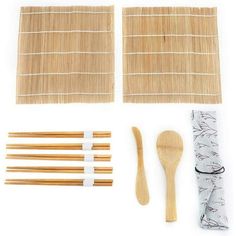 bamboo utensils and wooden spoons are laid out