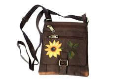 "Tote your stuff around in flowery Boho style with this unique little bag featuring hand-drawn and painted sunflowers on both the front and the back! The artful bag features long, adjustable shoulder straps so you can wear it as long as you want and it's got plenty of storage spots for your \"essentials\"! Plus the front features a pocket with a cool fold-over flap that fastens with a velcro fastener to keep select stuff handy! Grab this one...it's a limited edition! Makes a special gift, too! Genuine Leather Bag, 9\" high, 7 1/2\" wide, Straps adjust to approximately 30\" length       SPECIAL SHIPPING RATES!!                         FREE US SHIPPING(certain items excluded)                         REDUCED INTERNATIONAL & CANADA  MANY ARTFUL ITEMS ARE AVAILABLE IN MY SHOP! VISIT MY SHOP GOD Rectangular Bag With Sunflower Print For Everyday Use, Everyday Rectangular Bag With Sunflower Print, Rectangular Everyday Bag With Sunflower Print, Rectangular Sunflower Print Bag For Everyday, Rectangular Bag With Sunflower Design For Everyday Use, Everyday Rectangular Bag With Sunflower Design, Painted Sunflowers, Boho Handbag, Boho Handbags