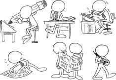 cartoon stick figures sitting at desks and reading