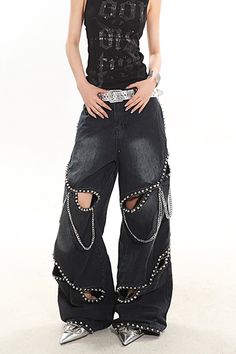 Black wide-leg ripped jeans, grunge jeans, grunge aesthetic clothes,  grunge style, boogzel clothing