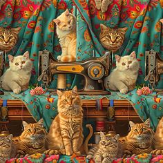 a group of cats sitting in front of a sewing machine