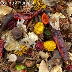 a pile of leaves, flowers and other things that are on the ground with words country harvest