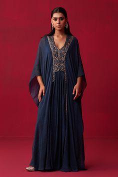 Buy Blue Georgette Printed Sequin Leaf Neck Textured Yoke Embroidered Kaftan For Women by Adaara Couture Online at Aza Fashions. Kaftan For Women, Embroidered Kaftan, Hand Embroidery Designs, Aza Fashion, Business Ideas, Hand Embroidery, Online Business, Embroidery Designs, Sequin