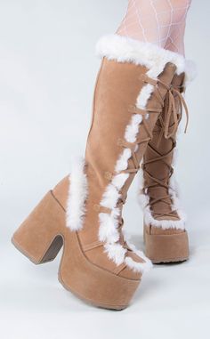 CAMEL-311 Camel Fluffy Faux Suede Boots-Demonia-Tragic Beautiful Brown Platform Boots, Aesthetic Vintage Outfits, Punk Festival, Fluffy Boots, Demonia Boots, Camel Boots, Tall Winter Boots, Fuzzy Boots, Demonia Shoes