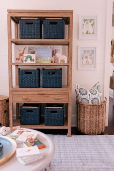 a living room filled with furniture and baskets