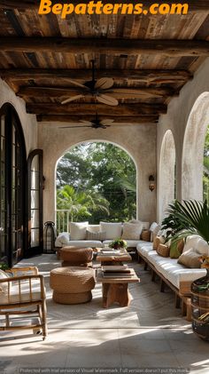 an outdoor covered patio with wicker furniture