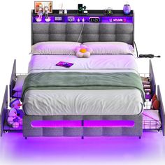 a bed with purple and white comforters on it