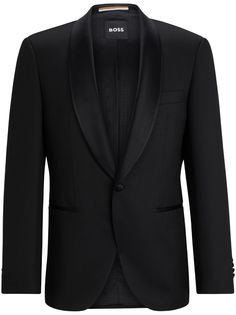 black virgin wool shawl lapels front button fastening chest welt pocket two front jetted pockets long sleeves buttoned cuffs curved hem Tuxedo Blazer With Hidden Button Closure For Black Tie, Black Tie Tuxedo Blazer With Hidden Button Closure, Luxury Single-breasted Blazer For Black Tie Events, Luxury Evening Blazer With Shawl Collar, Elegant Black Single Button Blazer, Elegant Black Single-button Blazer, Notch Lapel Single Button Blazer For Black Tie, Black Tie Single Button Blazer With Notch Lapel, Black Tuxedo With Hidden Button Closure And Lapel Collar