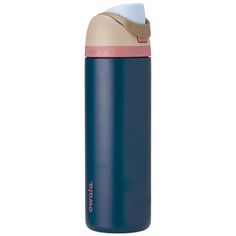 thermos stainless steel vacuum cup in blue with pink trim and lid is shown against a white background