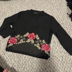 Cute Sexy And Unique Design. Never Worn Black Embroidered Crew Neck Top, Chic Black Tops With Floral Embroidery, Embroidered Long Sleeve Blouse For Night Out, Black Tops With Floral Embroidery For Night Out, Black Top With Floral Embroidery For Night Out, Chic Embroidered Tops For Night Out, Fall Black Top With Floral Embroidery, Fitted Black Embroidered Top For Party, Fitted Long Sleeve Tops With Floral Embroidery