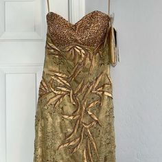 Brand New Never Worn Long Dress Gold And Tan Sequence Dress. Taupe Bridesmaid, Wendy Dress, Drape Gown, Beaded Formal Dress, Satin Evening Gown, Jewel Dress, Strapless Prom Dress, Sequence Dress, Ribbed Bodycon Dress