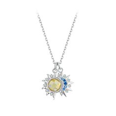 🌞🌙 Get ready to shine with our stunning Sun Moon Necklace! Crafted from 925 sterling silver and adorned with a Luminous stone, this necklace will make you stand out. With a plated White Gold finish, it's the perfect addition to any outfit. Plus, we'll include a free velvet cloth bag for you to keep your new jewelry safe. Order now and add a touch of celestial beauty to your collection! Length: 400mm+50m Pendant: 17*15mm Celestial Birthstone Necklaces, Celestial Style White Gold Necklace With Cubic Zirconia, Sterling Silver Moon-shaped Birthstone Necklace, Celestial Sun And Moon Sterling Silver Necklace, Sterling Silver Moon Shaped Birthstone Necklace, Celestial Cubic Zirconia Round Necklace, Cubic Zirconia Pendant Necklace With Moon Charm, Celestial White Gold Jewelry With Birthstone, Sterling Silver Necklace With Sparkling Round Pendant