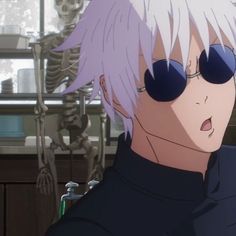 an anime character with pink hair and sunglasses in front of a skeleton filled room, looking at the camera