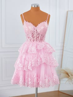 Ball-Gown Tulle V-neck Appliques Lace Corset Short/Mini Dress Mini Dress Homecoming, Cute Formal Dresses, School Dance Dresses, Stunning Prom Dresses, Pink Homecoming Dress, Looks Party, Prom Dress Inspiration