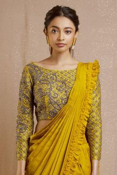 Shop for Rishi and Soujit Yellow Silk Pre-draped Saree With Blouse for Women Online at Aza Fashions Pleated Saree, Embroidery Neckline, Draped Saree, Embroidered Motifs, Drape Saree, Yellow Silk, Blouse For Women, Yellow Blouse, Saree With Blouse