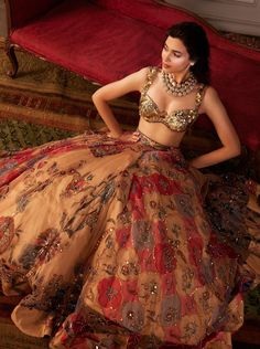 Suha Nude Multicolor Embroidered Lehenga Set by Mahima Mahajan, available on Indiaspopup.com Golden Blouse, Lehenga Style Saree, Indian Bridesmaid Dresses, Diana Penty, Embroidered Lehenga, Gold Blouse, Printed Skirt, Silk Skirt, Bridal Lehenga