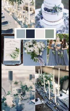 a collage of photos with flowers, candles and other items in blue and white