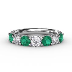 Emerald and Diamond Shared Prong Anniversary Band Classic Green Eternity Band For Anniversary, Anniversary Emerald Eternity Band With Prong Setting, Emerald Eternity Band With Prong Setting For Formal Occasions, Formal Emerald Eternity Band With Prong Setting, All Band, Diamond Fashion Rings, Diamond Anniversary Rings, Diamond Anniversary, Anniversary Bands