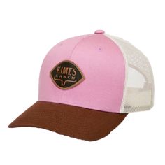 Style number: S22-1220LP. Light pink cotton twill front. Cream polyester mesh back and side panels. Rust curved brim with 8 stitch detailing. Real leather logo patch on front. Adjustable snapback closure. X-fit trucker. Mid-profile. One size fits most. Lady Wardrobe, Pink Trucker Hat, Kimes Ranch, Pink Cap, Ranch Style, Leather Logo, Side Panels, Ball Cap, Pink Cotton