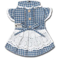 a blue and white checkered dress with ruffles on the bottom, collared neck