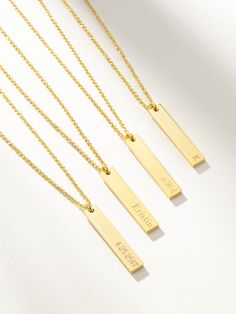 Not only is our Vertical Bar Necklace a timeless piece, but it’s also engravable! Make this chain and pendant necklace personal to you by engraving a special date, name, a sweet message, or anything else you want on it. This engravable necklace can fit up to 10 characters on one line, front and back. | Gold Vertical Bar Engravable Necklace | Personalized Jewelry | Women's Jewelry by Uncommon James Classic Everyday Customizable Necklaces, Classic Everyday Customizable Necklace, Classic Everyday Custom Name Necklaces, Elegant Everyday Nameplate Charm Necklaces, Everyday Elegant Nameplate Charm Necklaces, Elegant Everyday Engraved Name Necklace, Elegant Customizable Charm Necklaces For Everyday, Elegant Customizable Charm Necklace For Everyday, Elegant Everyday Customizable Charm Necklace