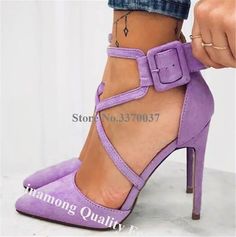 VCSHOES Women Pointed Toe Suede Leather Stiletto Heel Pumps Strap Cross Buckle Purple High Heels Formal Dress Shoes as picture-35 Cross Buckle, Purple High Heels, Formal Dress Shoes, Pumps Heels Stilettos, Heel Pumps, Stiletto Heel, Elegant Woman, Formal Dress, Suede Leather