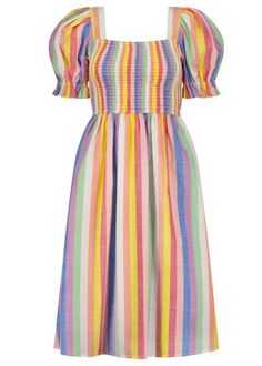 Color My World So cute, so fun. Indulge in the sweet whimsy of our enchanting Lolly Dress, a confectionary masterpiece from our Sugar Collection! Its colorful hues and playful candy stripes are reminiscent of a lollipop dreamscape. Perfect for a whimsical tea party, birthday celebration, or spring picnic.  Elastic puff Whimsical Summer Rainbow Dress, Whimsical Rainbow Dresses For Spring, Fun Multicolor Dress For Garden Party, Fun Multicolor Dresses For Garden Party, Sweet Multicolor Summer Dress, Whimsical Tea Party, Color My World, Spring Picnic, Tea Party Birthday