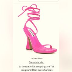 Lafayette Ankle Wrap Square Toe Sculptural Heel Dress Sandals, Color-Magenta, Size 11m, 4” Heel Runs Small Sandals Feature: Synthetic Upper Square Toe Construction Ankle Wrap Lace-Up Closure Synthetic Lining Synthetic Outsole Approx. 4" Heel Height Imported. Fitted Sandals With 4-inch Heel And Ankle Tie, Summer Ankle Wrap Heels With 4-inch Heel, Evening Ankle Tie Sandals, Evening Ankle Tie Fitted Sandals, Fitted Ankle Tie Evening Sandals, Spring Ankle Tie Heels With Sculpted Heel, Fitted Ankle Wrap Sandals With 4-inch Heel, Party Sandals With Stacked Heel And Ankle Tie, Summer Fitted Heels With Sculpted Heel