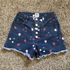 Super Cute Never Worn. No Flaws. Cute Cotton Cutoff Shorts, Retro High Rise Summer Shorts, Spring Cotton Bottoms With Strawberry Print, Retro Blue Jean Shorts For Summer, Fun Red Summer Bottoms, Cute Short Red Bottoms, Cute Short-length Red Bottoms, Fun Denim Bottoms For Summer, Red High-waisted Denim Jean Shorts