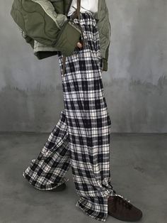 Women's Plaid Elastic Waist Casual Pants, Daily Wear Black and White Casual   Polyester Plaid Straight Leg Non-Stretch  Women Clothing, size features are:Bust: ,Length: ,Sleeve Length: Casual Full-length Jumpsuits For Fall, Casual Plaid Wide Leg Pants, Casual Plaid Wide Leg Pants For Fall, Casual Plaid Wide-leg Pants, Casual Wide-leg Plaid Pants, Casual Plaid Pants For Fall, Casual Plaid Wide-leg Bottoms, Casual Full-length Plaid Pants, Baggy Plaid Wide Leg Pants