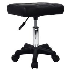 a black office chair with wheels and an adjustable foot rest on the back of it