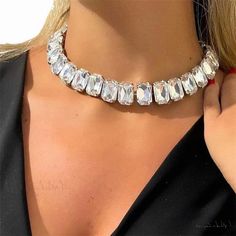 Lasaky - Elegant Emerald Cut Crystal Embellished Silver Plated Tennis Necklace in White - Premium Quality Rhinestone Choker Necklace, Crystal Choker Necklace, Stone Choker, Rhinestone Choker, Crystal Choker, Square Pendant, Tennis Necklace, Choker Collar, Rhinestone Designs