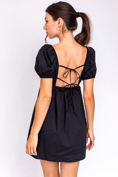 Back tie babydoll dress with an empire waist and short sleeves. Recommended Sizing. 2-4 S, 6 M, 8 - 10 L Black Babydoll Dress, Black Babydoll, Usa Dresses, Sheer Material, Babydoll Dress, Sheer Fabrics, Dress Backs, Empire Waist, Doll Dress