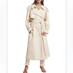 Like New Condition Chic Beige Outerwear With Belted Cuffs, Chic Beige Gabardine Outerwear, Beige Outerwear With Belted Cuffs For Spring, Beige Belted Cuffs Outerwear For Spring, Chic Khaki Outerwear With Belted Cuffs, Fall Beige Outerwear With Belted Cuffs, Trench Coats, Trench Coat, Jackets & Coats