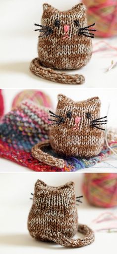 two pictures of the same cat made out of knitted material, each with different colors and sizes