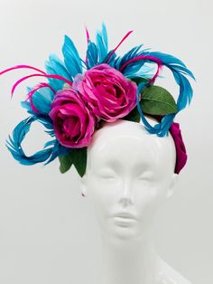 Handmade by Featured Milliner of The Kentucky Derby Museum 2023 & 2024.  Fuchsia roses,  turquoise feather mount. Attaches with satin fuchsia headband. Not taking customs this year--Derby 150 is going to be massive and mom life keeps me running! However, happy to suggest pieces that will coordinate with your outfit. If you don't love the way this attaches to your head--message me!  I can swtich *most* pieces to your preference. Clip, Headband OR Elastic Cord  NOTE: Heavier pieces with extravagan Floral Fascinators, Kentucky Derby Fascinator, Derby Fascinator, Character Makeup, Feather Fascinators, Kentucky Derby Hat, Derby Day, Pink Turquoise, Fascinator Hats