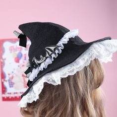 Bat Wing Detail Black Witch Hat Striped Bowknots Knitted Bat Hat, Cheap Black Cosplay Hat, Hat With Bat Wings, Lunar Witch Hat, Retro Witch, Hat Cosplay, Steampunk Top Hat, Black Witch Hat, Wizard Hat