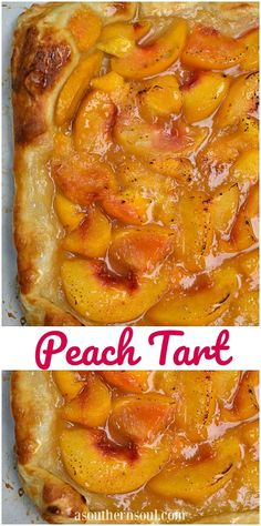 peach tart is shown with the words peach tart on top and below it