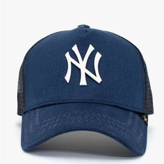 Yankee Trucker Hat Blue Snapback Hat With Short Brim For Summer, Blue Summer Snapback Hat With Short Brim, Winter Blue Baseball Cap One Size, Blue Hats With Letter Print For Streetwear, Winter Blue Baseball Cap One Size Fits Most, Blue Winter Baseball Cap, One Size Fits Most, Blue Letter Print Hats For Streetwear, Blue Short Brim Baseball Cap For Spring, Blue Short Brim Snapback Hat For Spring