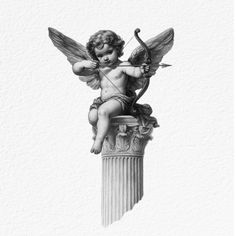 an angel sitting on top of a column with a bow and arrow in its hand