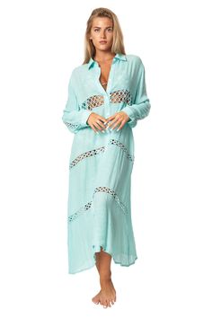 Women Loose Long Sleeve Shirt Dress Swimsuit Cover Ups - La Moda Clothing Long Casual Shirt Dress For Beach, Casual Long Shirt Dress For The Beach, Casual Long Shirt Dress For Vacation, Summer Shirt Dress For Beach Cover-up In Spring, Blue Button-up Shirt Dress For Vacation, Long Sleeve Beach Cover-up Dress, Long Sleeve Beach Dress For Beach Season, Bohemian Long Sleeve Dresses For Poolside, Blue Shirt Dress For Spring Beach Outing