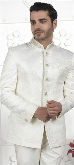 White and Off White color Nehru Jacket in Jacquard fabric with Embroidered, Weaving work Luxury Off White Nehru Jacket, Luxury White Silk Nehru Jacket, Luxury White Cotton Silk Nehru Jacket, Embroidered Weaving, Nehru Jacket, Nehru Jackets, Off White Color, Jacquard Fabric, White Color