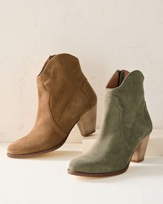 Stitch detailing in front and back gives these ankle boots a touch of Western flair. Handmade just for us in Italy in soft Italian suede that gets even more appealing over time.  Exclusive. Inside zipper with suede pull.  Seam detailing.  Leather sole and man-made heel cap.  Italy. Fall Suede Heeled Boots With Zipper, Fall Suede Heeled Boots With Zipper Closure, Boho Rocker Chic Style, Boho Rocker Chic, Rocker Chic Style, Boho Rocker, Shop Boots, Green Boots, Rocker Chic