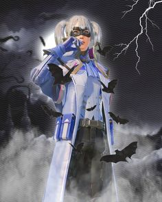 a woman dressed in costume with bats on her shoulders and lightning behind her, standing under a cloudy sky